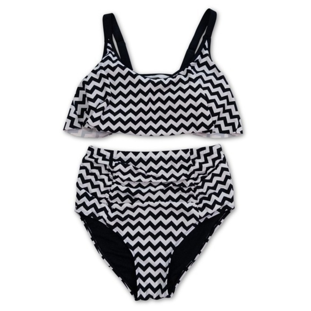 Chevron Bikini Womens M Retro Pinup High Waist Geometric Black White Swimsuit